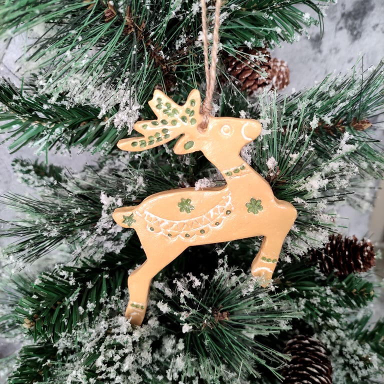 Nordic Rustic Reindeer, Christmas Yuletide Hanging Clay Ornament