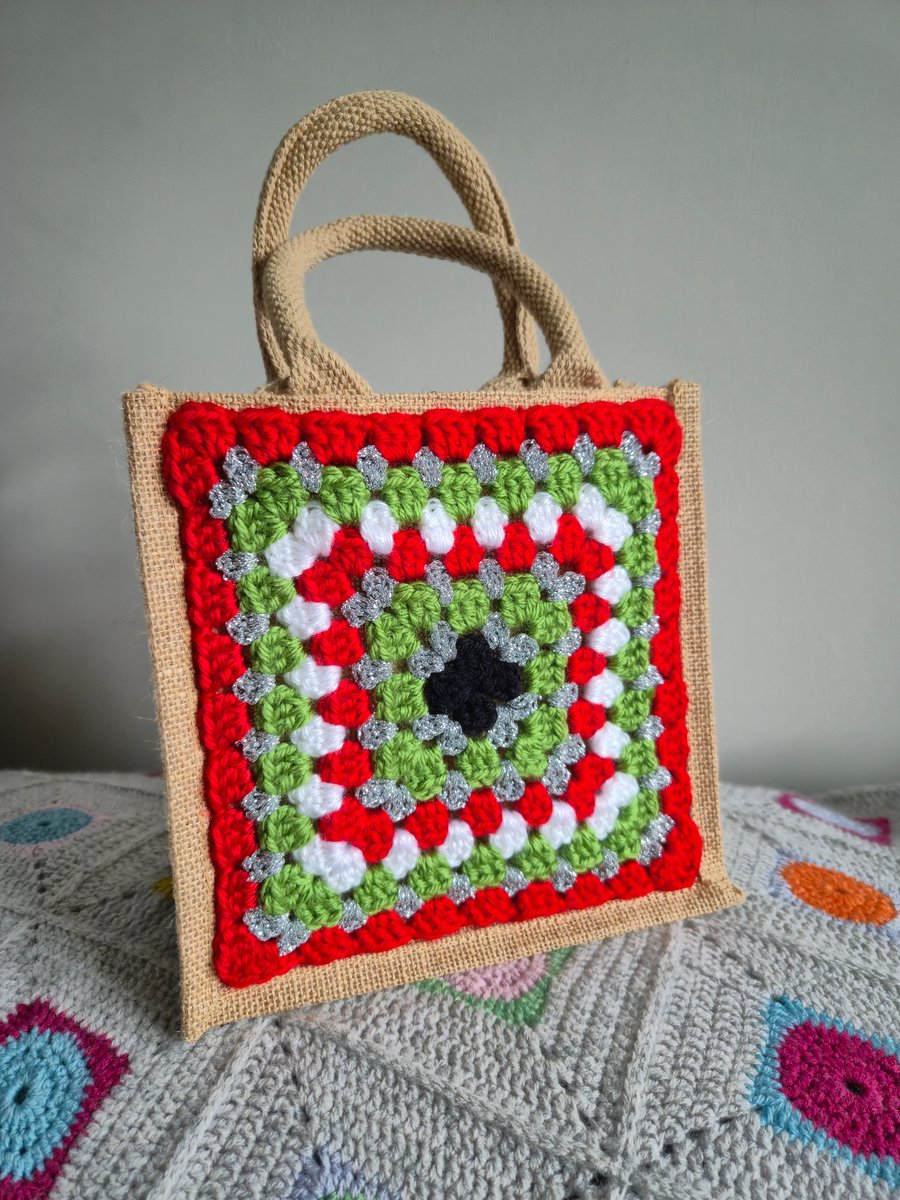 Small Crocheted Granny Square Jute Bag,  Lunch Bag, Gift Bag, Project Bag
