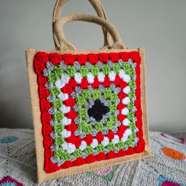 Small Crocheted Granny Square Jute Bag,  Lunch Bag, Gift Bag, Project Bag
