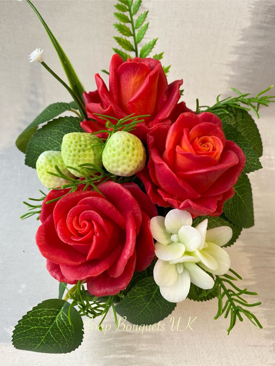 Red Roses Soap Bouquet with Strawberries, Valentine's Day Gift, Gift for Teacher