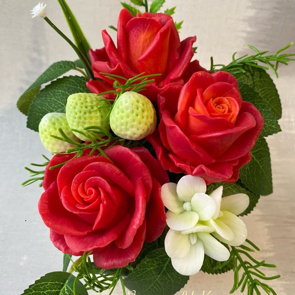 Red Roses Soap Bouquet with Strawberries, Valentine's Day Gift, Gift for Teacher