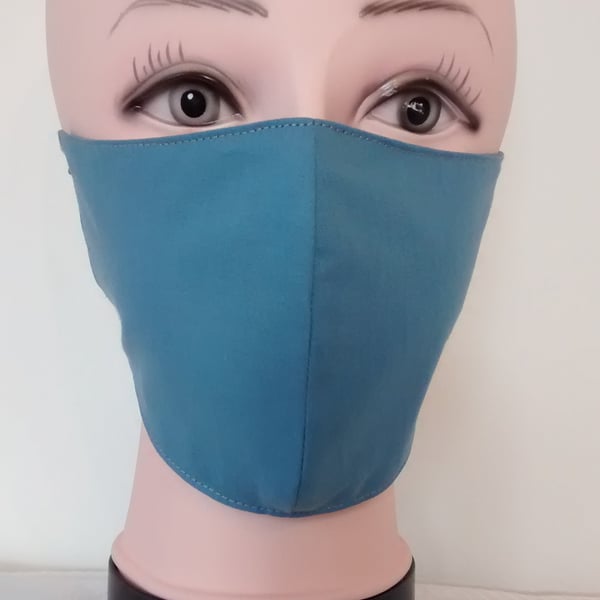 Handmade 3 layers steel blue plain reusable adult face mask.