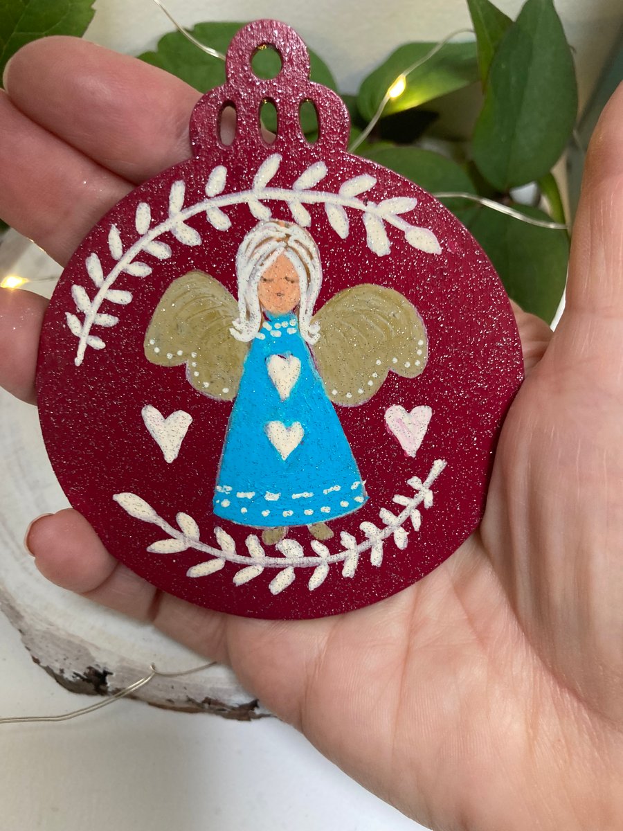 Angel Red & Gold Christmas Hanging Decoration Wooden Bauble Xmas Tree