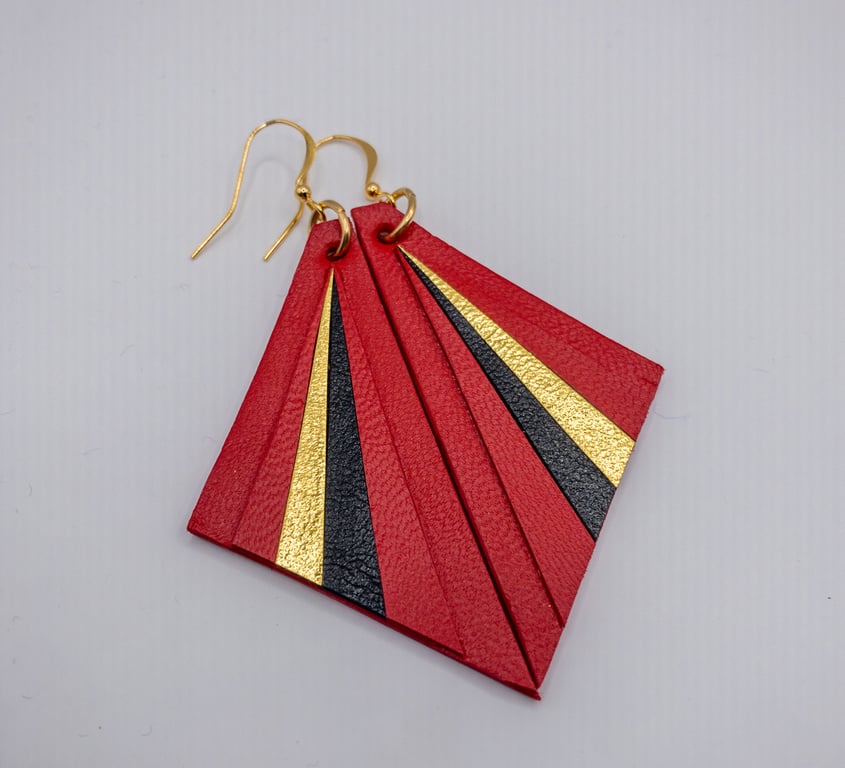 Red, Black and Gold Art Deco inspired handmade leather earrings. Elegant and lig