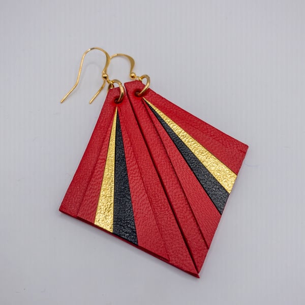 Red, Black and Gold Art Deco inspired handmade leather earrings. Elegant and lig