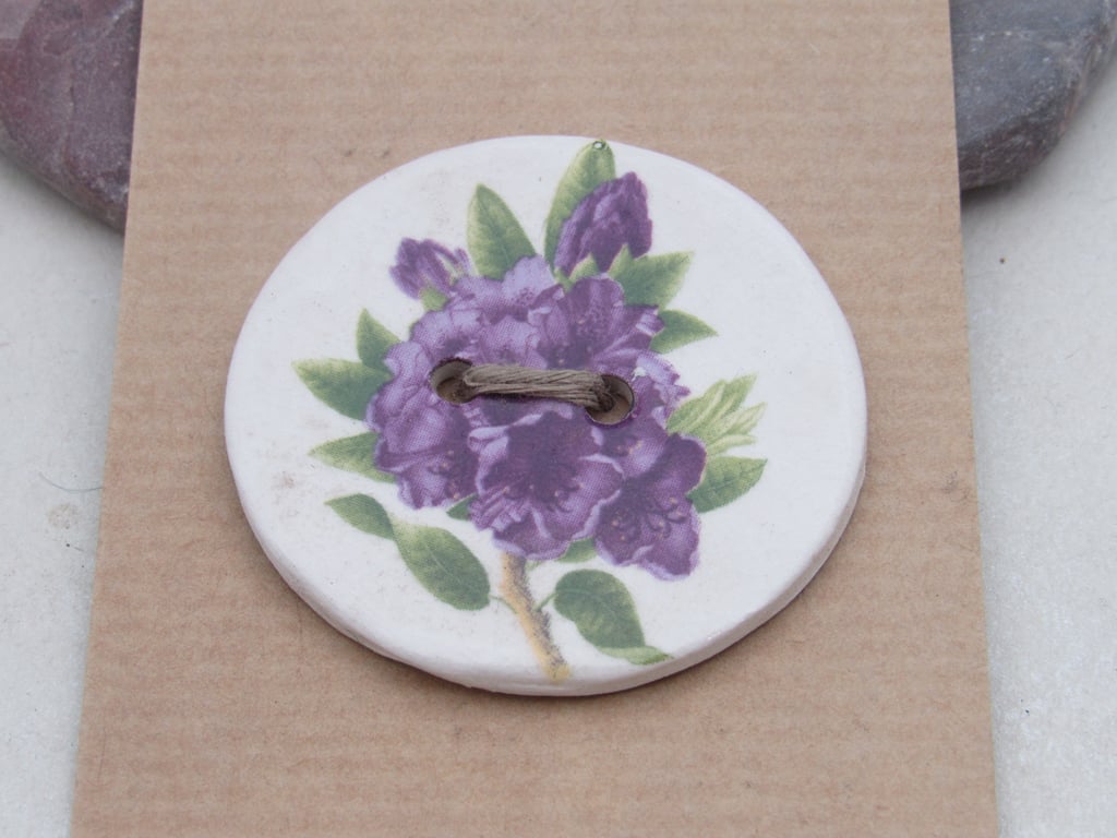 Large Purple Azalea Flower Motif Ceramic Button