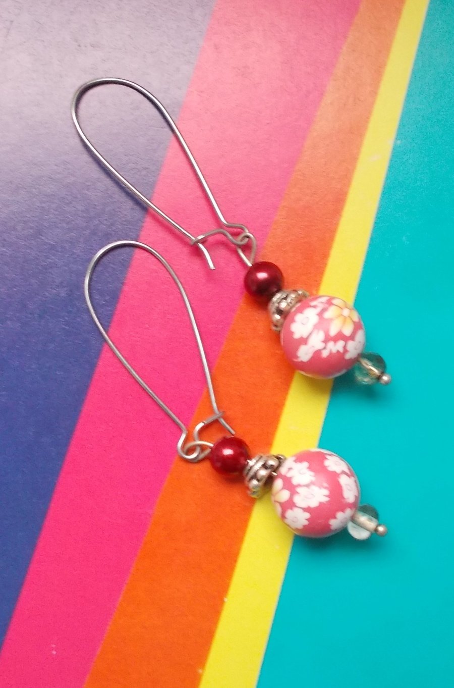 Red Floral Polymer Clay Bead Earrings