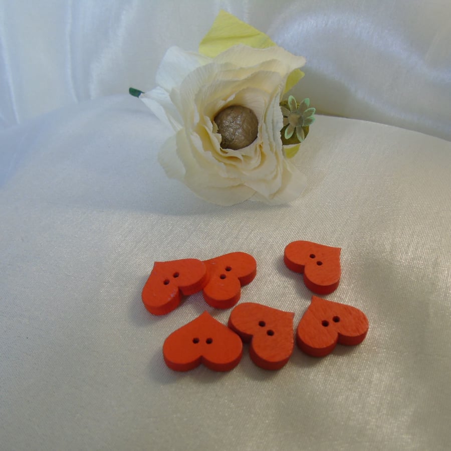 6 orange wood heart buttons - 2 cms across - 2 holes