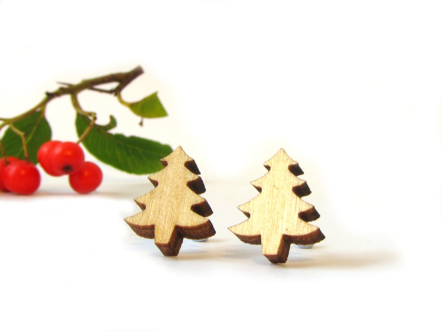 Tiny Wooden Tree Stud Earrings