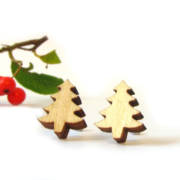 Tiny Wooden Tree Stud Earrings