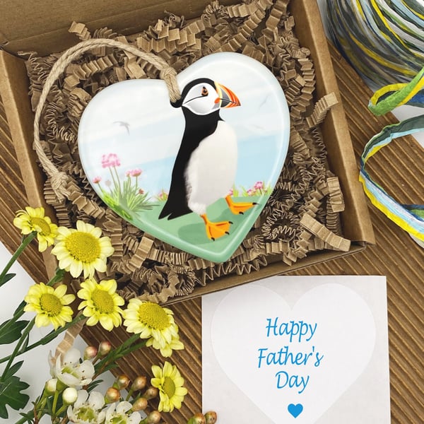 Puffin Ceramic Heart – Seaside Decoration, Father's Day Gift