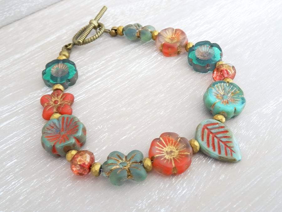 Flower Bracelet, Czech Glass Bracelet, Hematite Bracelet, Daisy Bracelet.