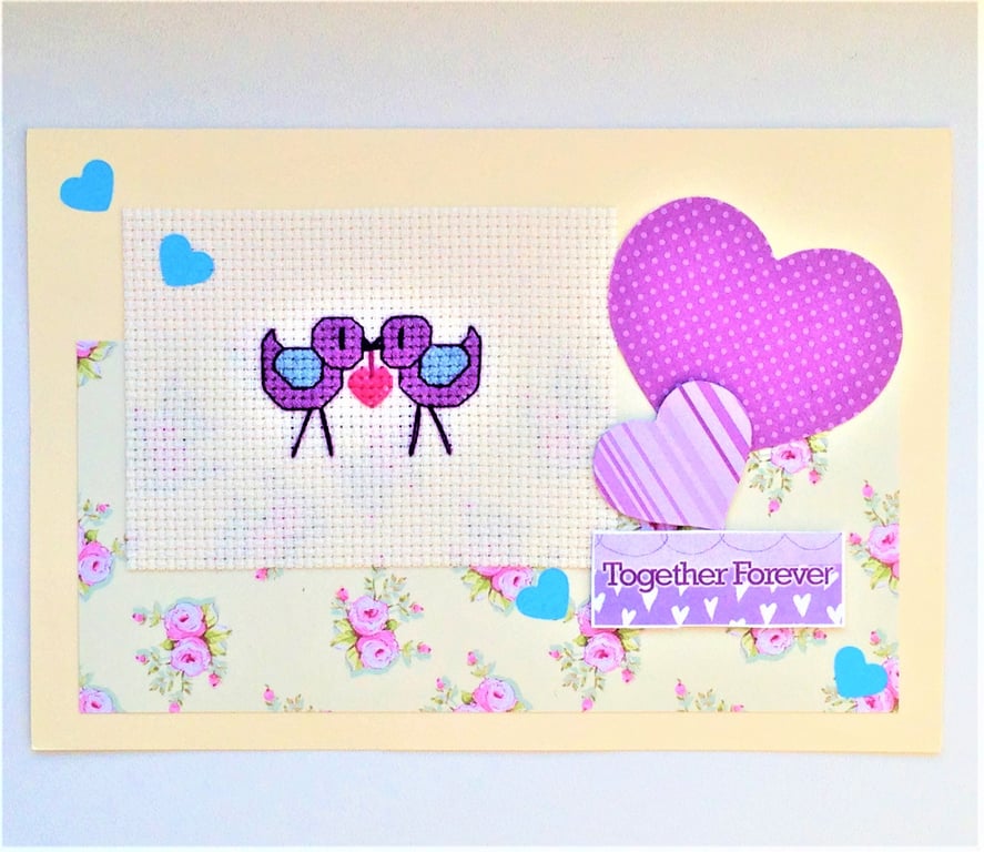 Birds and Hearts cross stitch card with 'Together Forever' wording