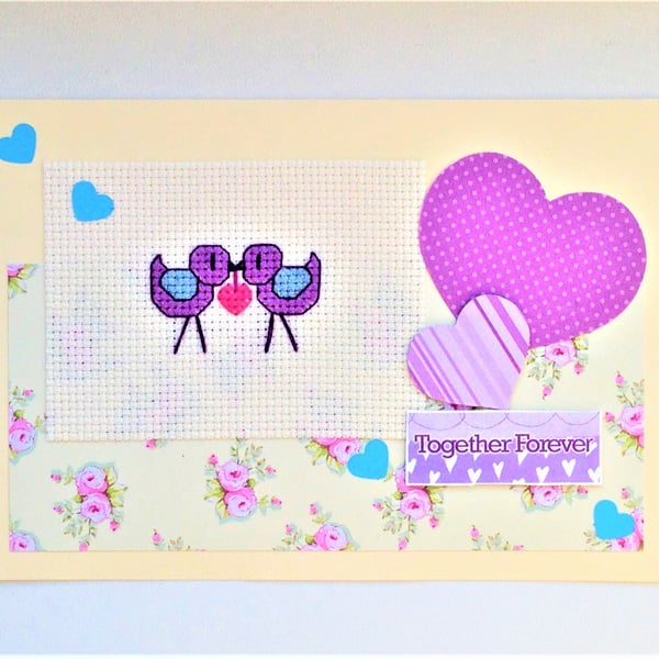 Birds and Hearts cross stitch card with 'Together Forever' wording