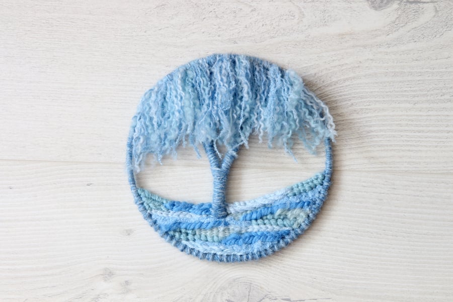 Blue Treescape Art - Handwoven Circular Hoop