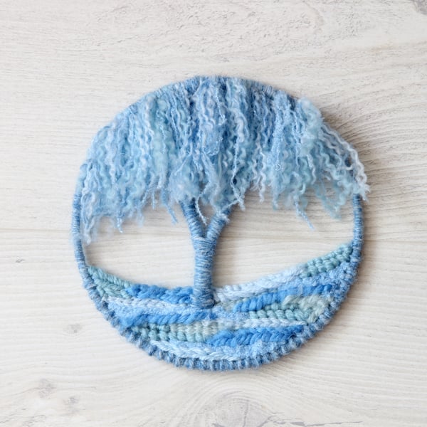 Blue Treescape Art - Handwoven Circular Hoop