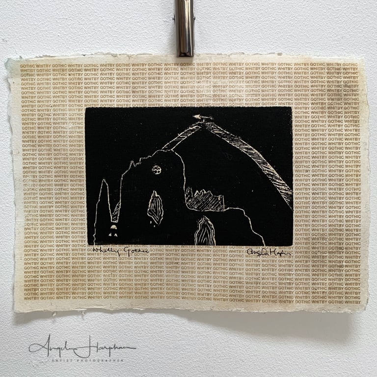 Original Linocut Whitby Gothic Abbey with Script