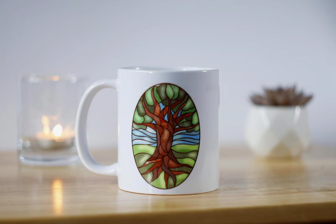 Stained Glass style Oak Tree Mug: Hand-Illustrated Ceramic Coffee Cup