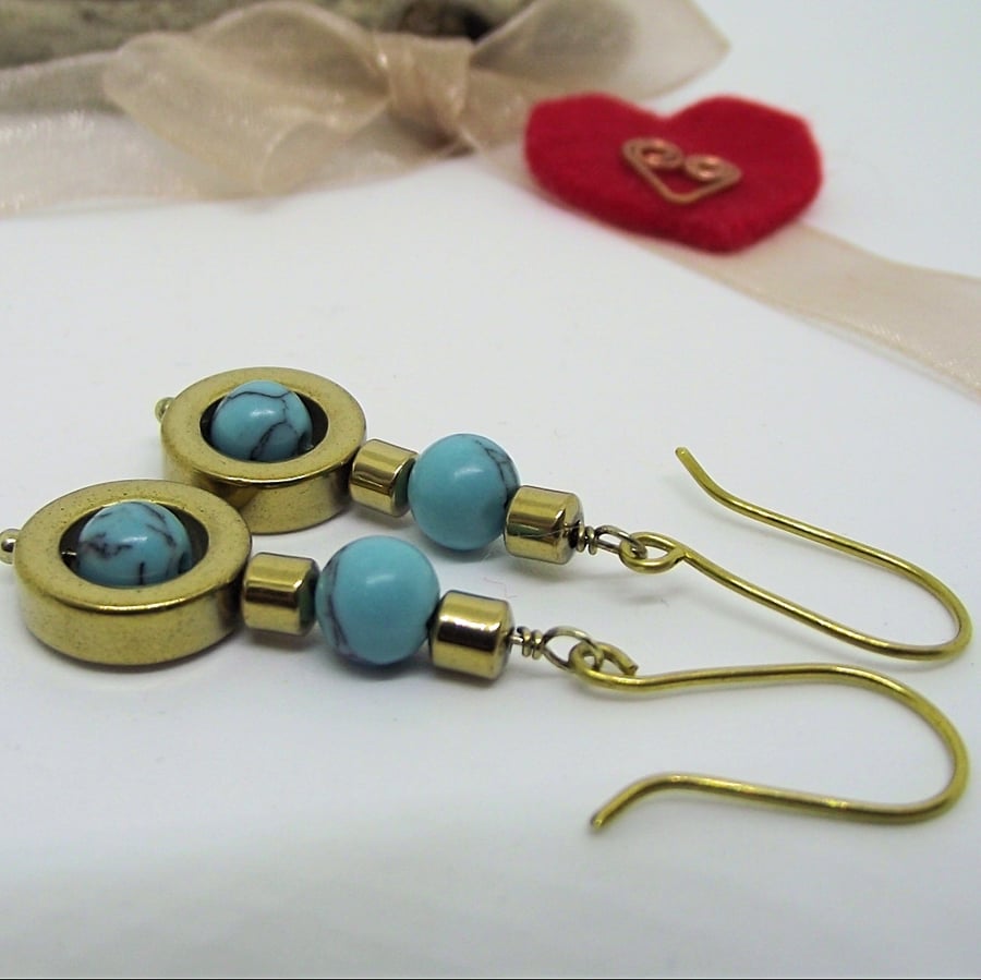 Earrings gold haematite turquoise round gemstone drop
