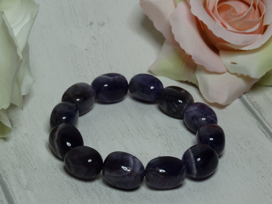 Chunky Amethyst gemstone bracelet stretchy elasticated crown chakra protection
