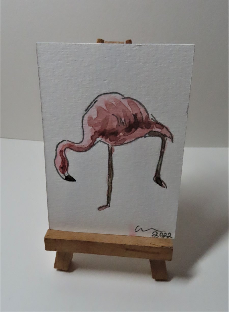 ACEO Animal Art Flamingo Balance Original Watercolour Ink Painting OOAK Bird