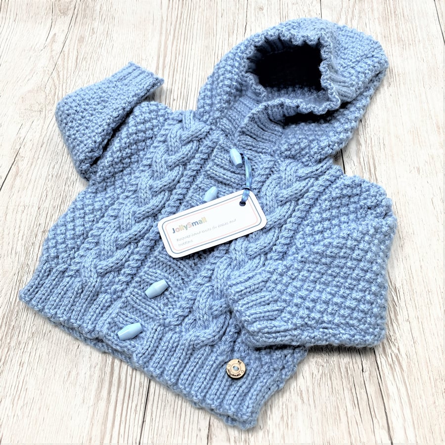 Hooded Aran Baby Cardigan in pale blue to fit 6 - 12 months