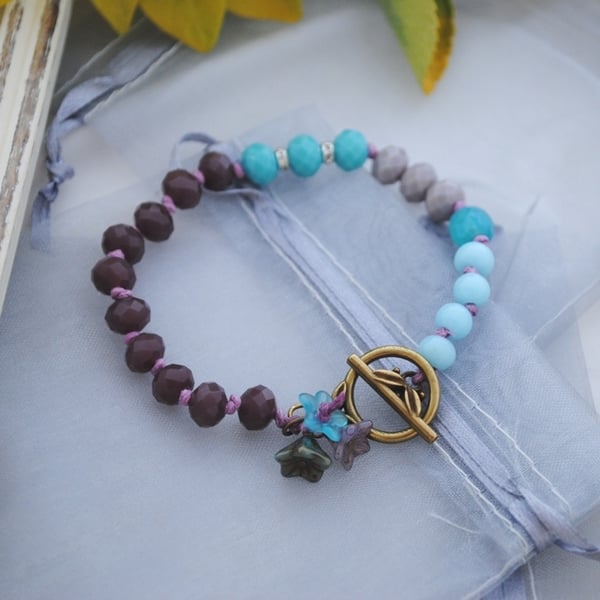 Flowers toggle bracelet purple & turquoise