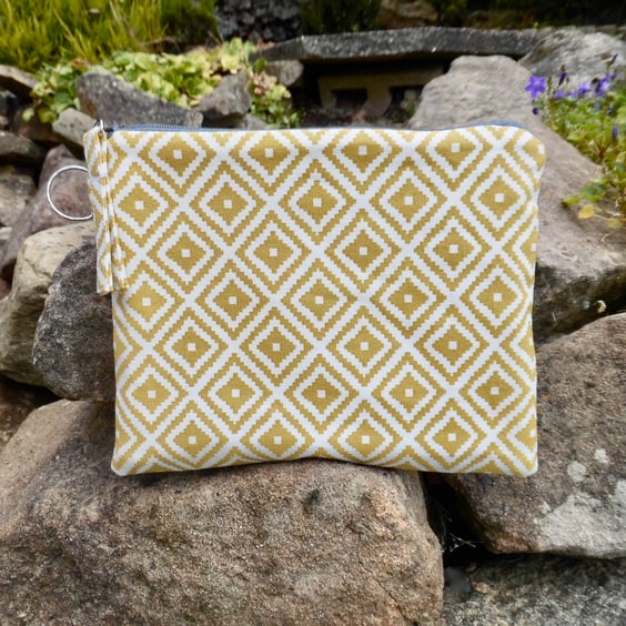Large make up bag in yellow geometric print fabric large size 