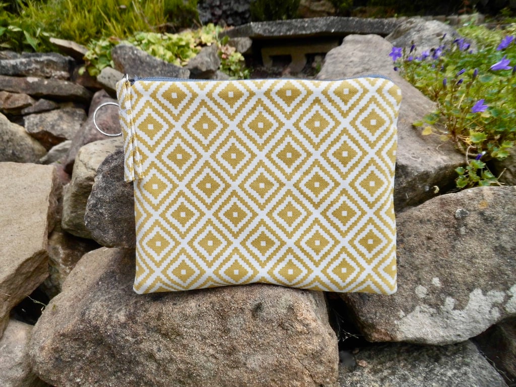Large make up bag in yellow geometric print fabric large size 