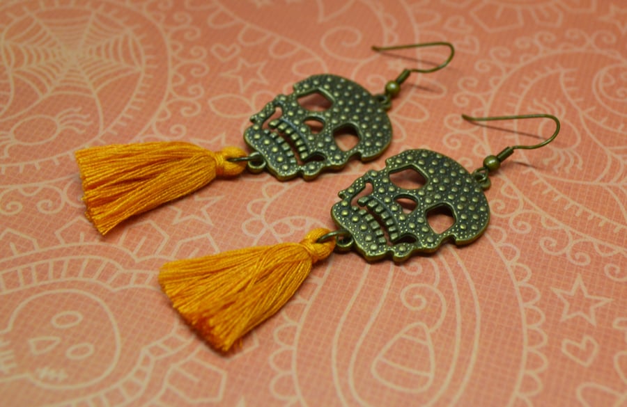 Halloween Themed Skull and Tassel Earrings in Autumn Colours