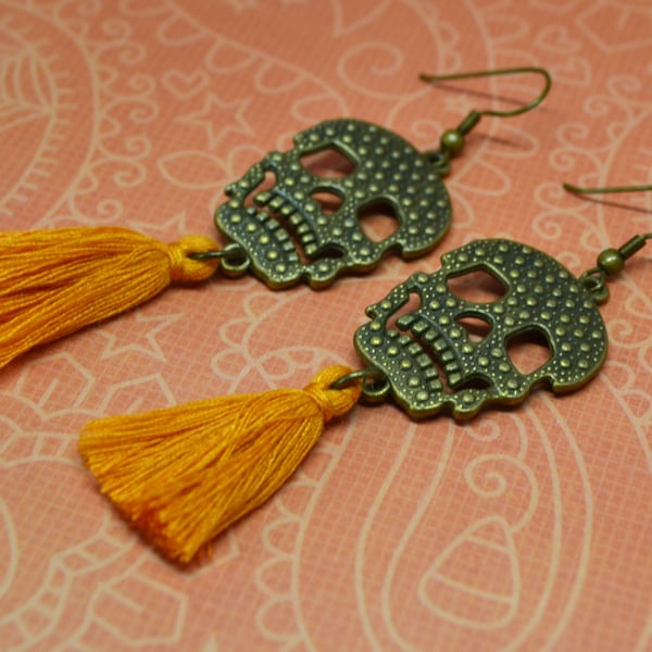 Halloween Themed Skull and Tassel Earrings in Autumn Colours