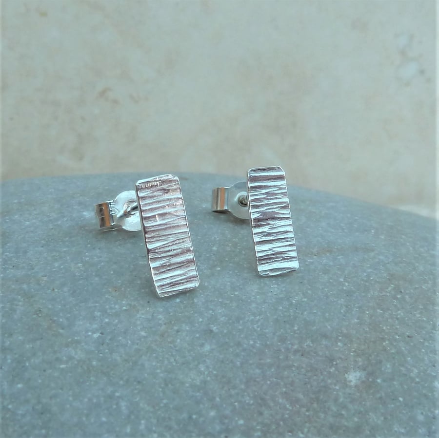 Sterling Silver Rectangle Hammered Textured Stud Earrings - STUD097