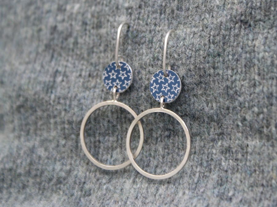 Silver and grey starry hoop earrings