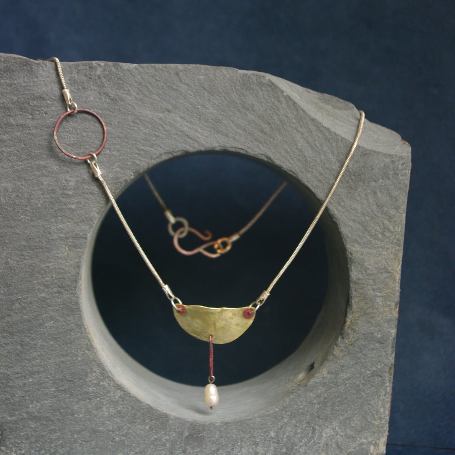 Brass, Copper and Freshwater Pearl Pendant Necklace
