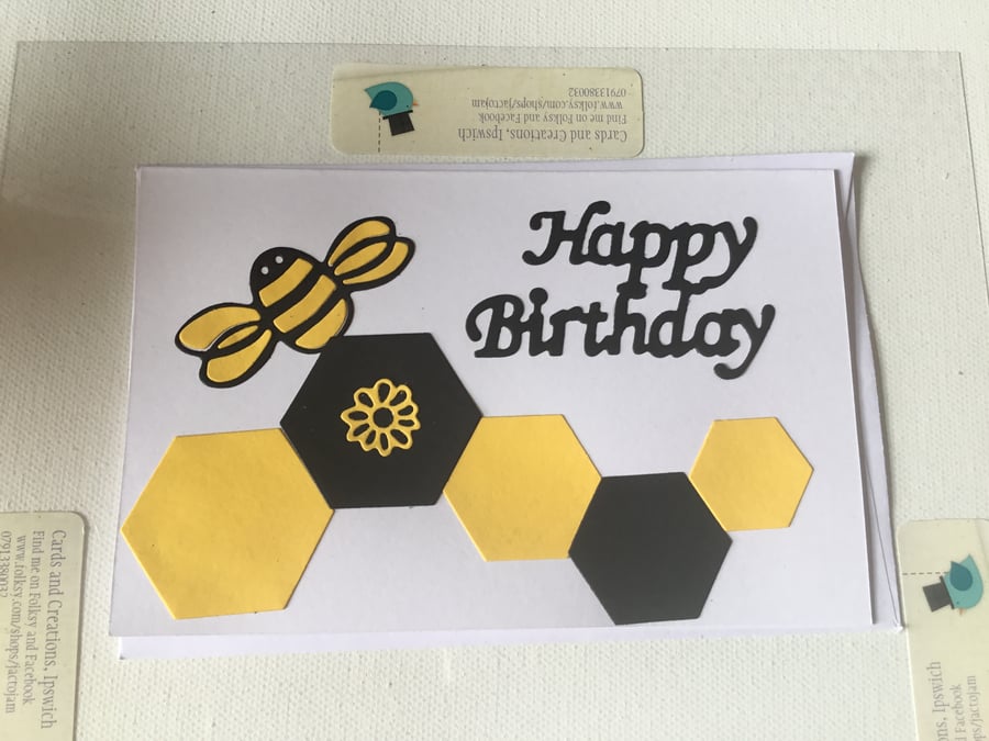 Bee. Birthday card. Handmade. Honeycomb. Bee lover.  23005