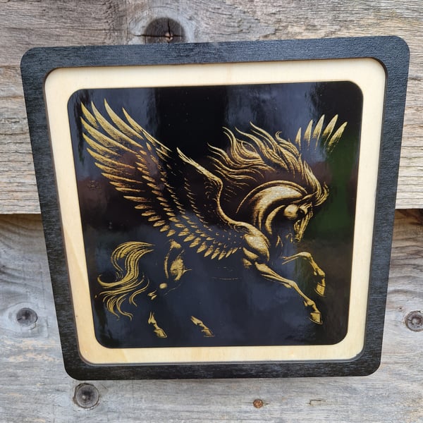Pegasus. Golden flying horse picture. Original. Laser engraved. 