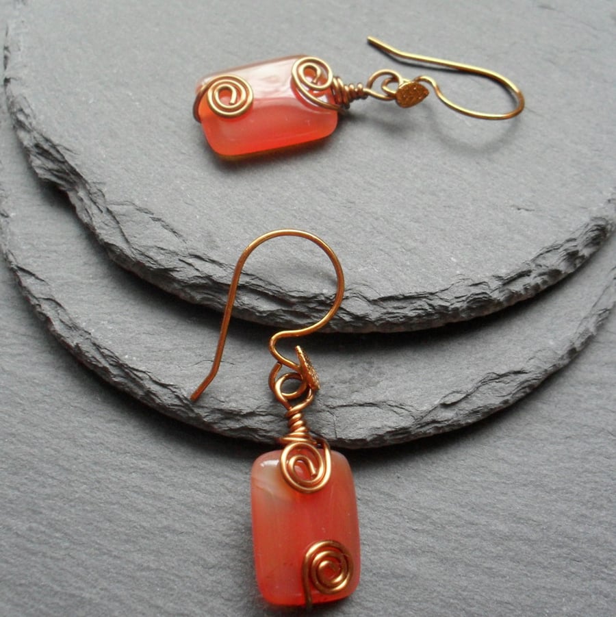 Orange Agate Wire Wrapped Earrings Bronze Tone