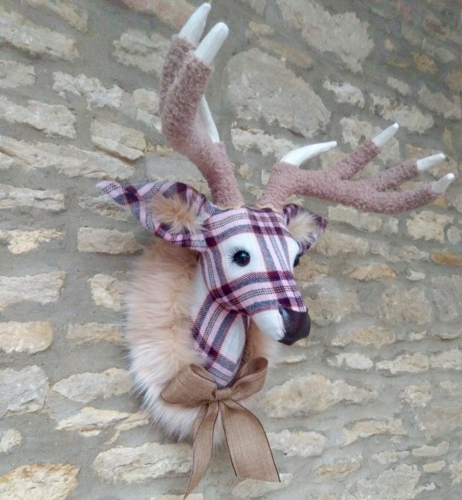 Handmade faux taxidermy pink, brown and cream check stag wall mount animal head