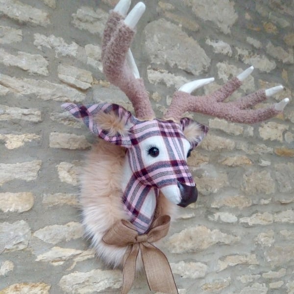 Handmade faux taxidermy pink, brown and cream check stag wall mount animal head