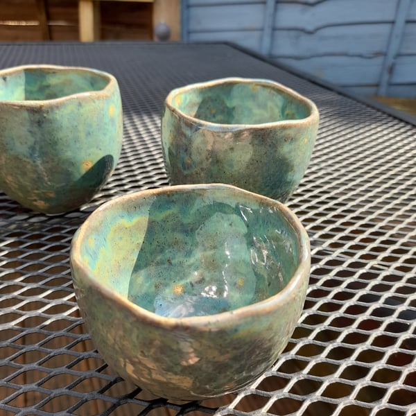 Handmade ceramic small green blue glazed pot