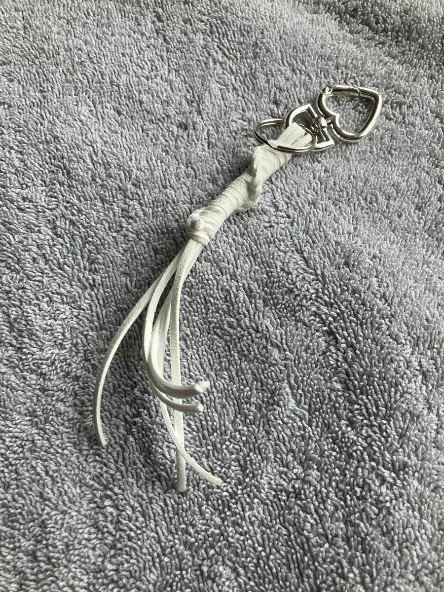 White Suede Keyring-Bag Charm with Silver coloured Heart-shaped Carabiner clasp
