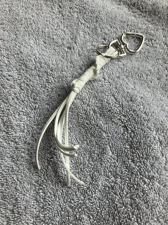 White Suede Keyring-Bag Charm with Silver coloured Heart-shaped Carabiner clasp