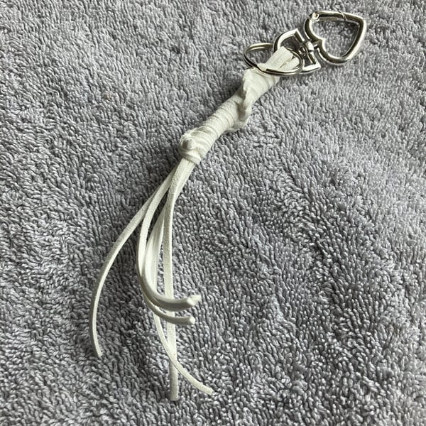 White Suede Keyring-Bag Charm with Silver coloured Heart-shaped Carabiner clasp