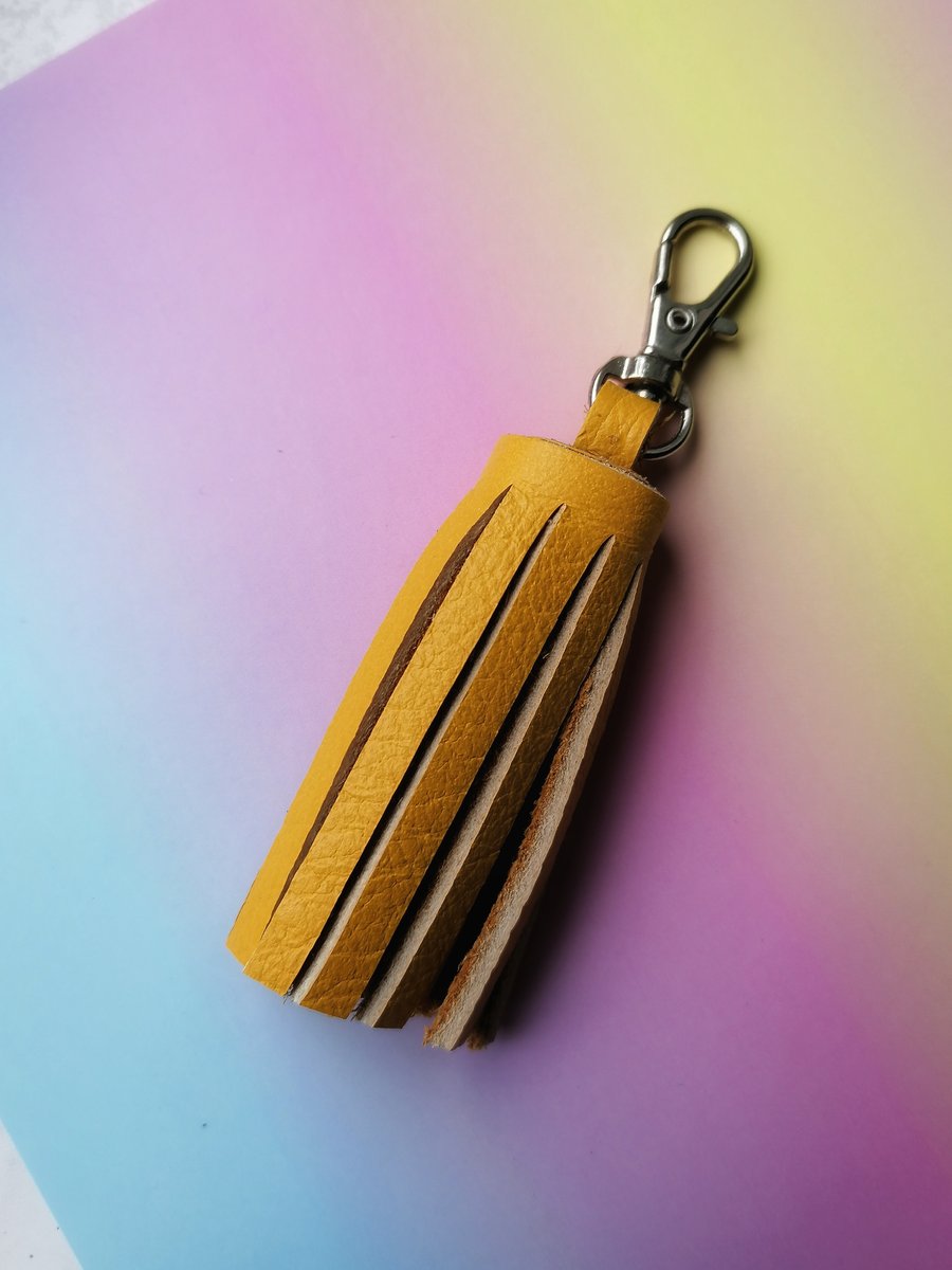 Handmade Leather Tassel Keyring - Yellow