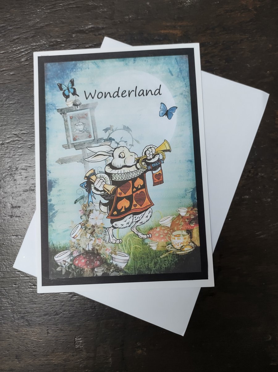Alice in Wonderland Card, White Rabbit, Flat card for posting.