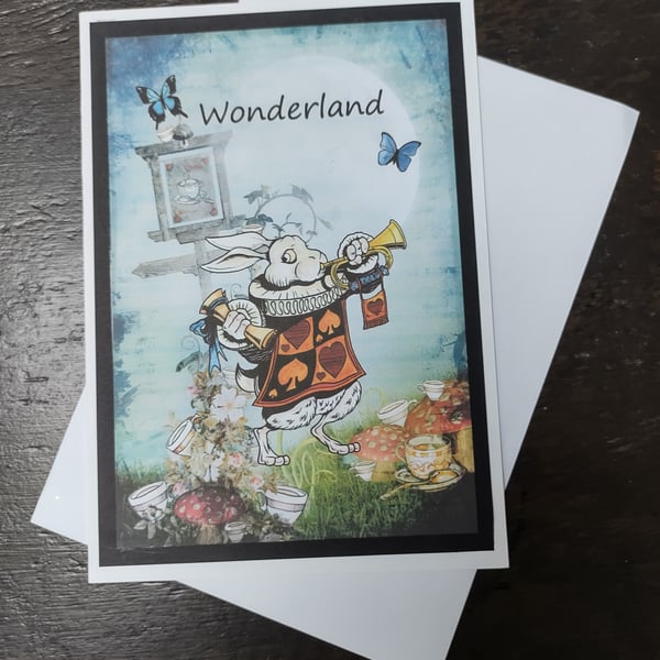 Alice in Wonderland Card, White Rabbit, Flat card for posting.