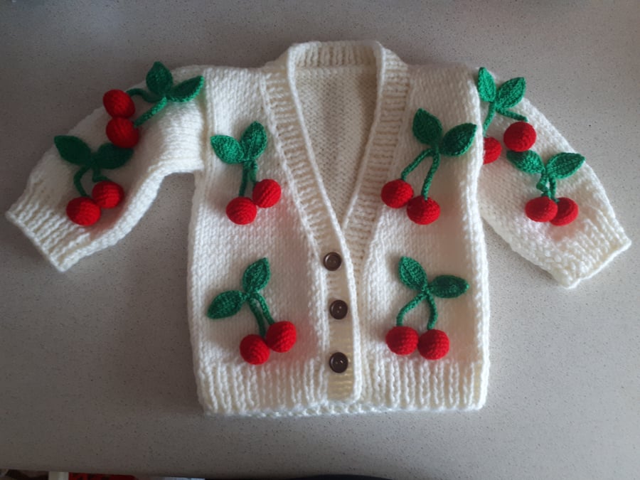 made to order, knitted 2,3 years  cherry baby cardigan, knitted baby clothes 