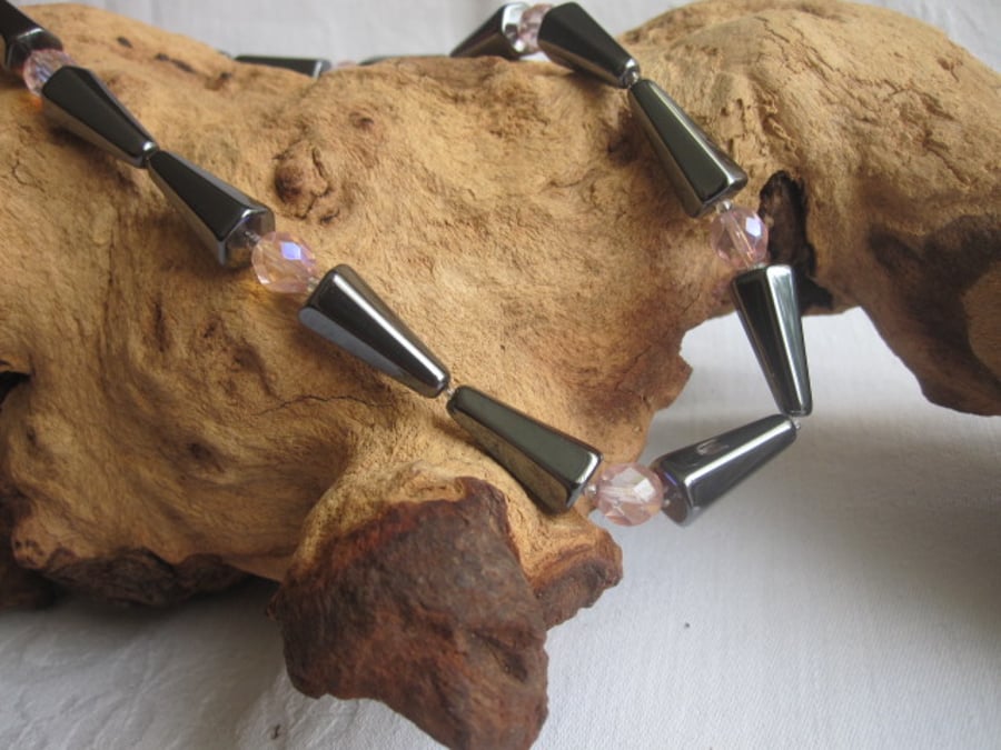 Hematite and Czech Fire Polished Glass Necklace