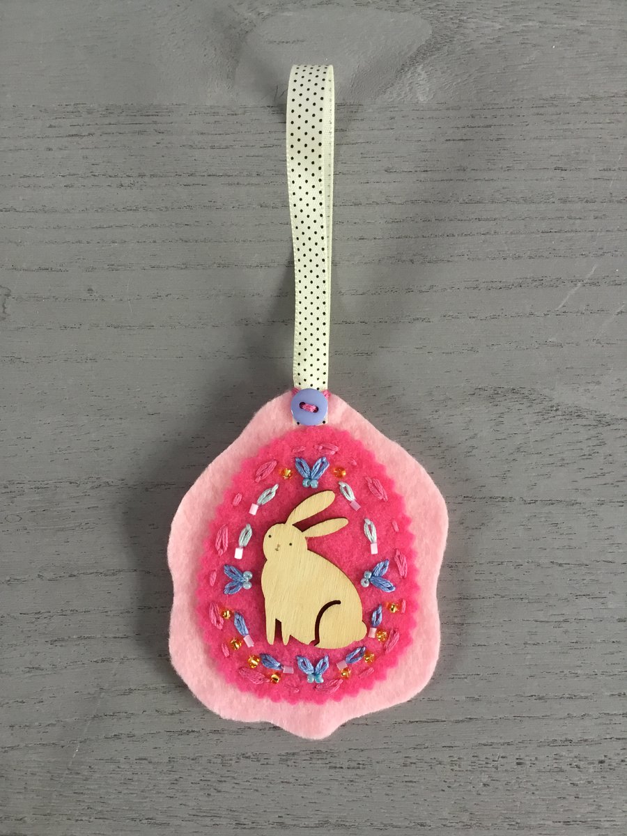 Hand Embroidered Pink Bunny Decoration 