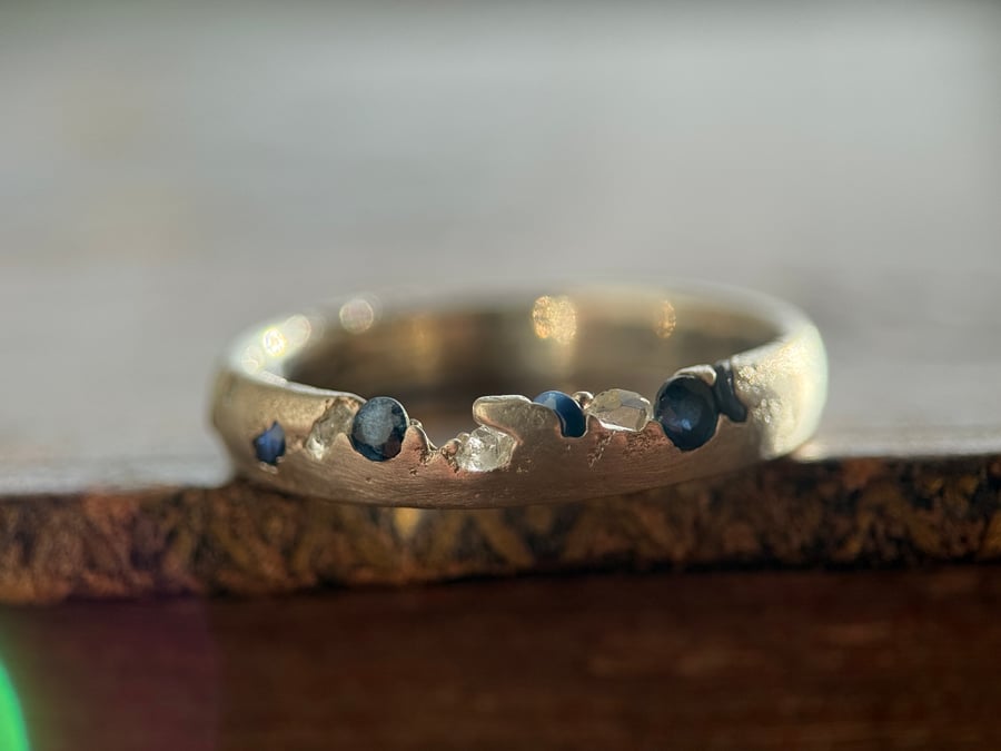 Sand Cast Sapphire and Herkimer Diamond Crystal Silver Ring Band